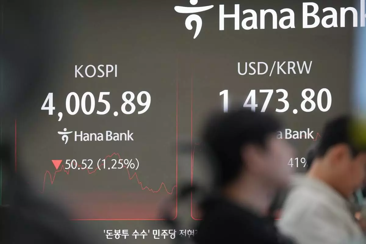 Dealers work near the screens showing the Korea Composite Stock Price Index (KOSPI), left, and the foreign exchange rate between U.S. dollar and South Korean won at a dealing room of Hana Bank in Seoul, South Korea, Thursday, Dec. 18, 2025. (AP Photo/Lee Jin-man)