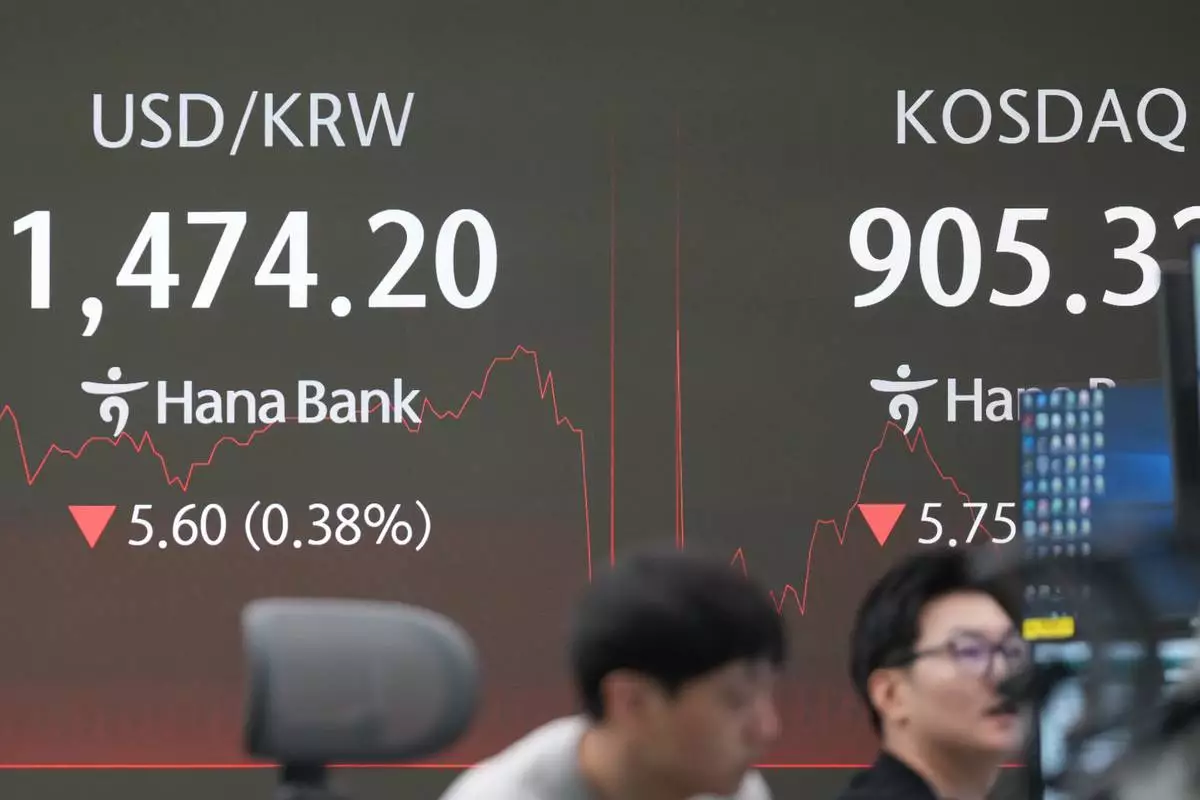 Dealers work near the screens showing the foreign exchange rate between U.S. dollar and South Korean won, left, and the Korean Securities Dealers Automated Quotations (KOSDAQ) at a dealing room of Hana Bank in Seoul, South Korea, Thursday, Dec. 18, 2025. (AP Photo/Lee Jin-man)