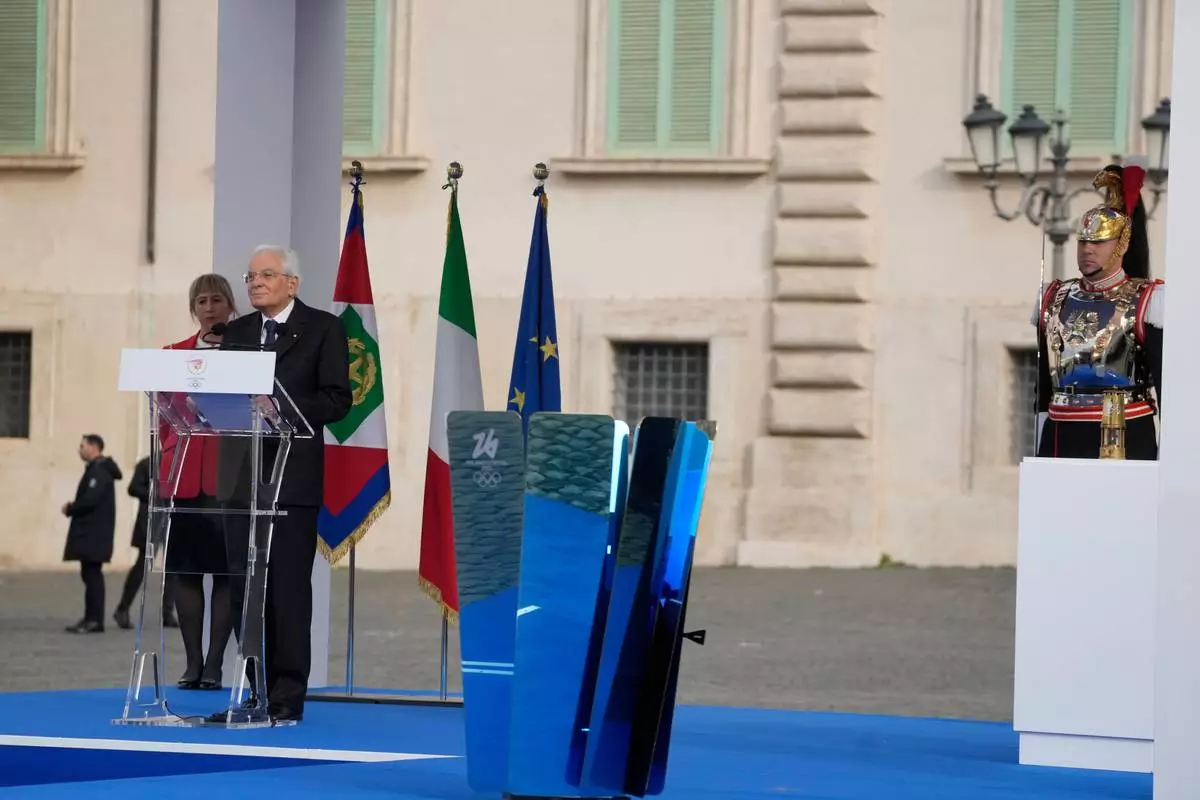 Italian President Sergio Mattarella delivers his speech during the Milan Cortina 2026 Winter Olympics cauldron lighting, in front of the Quirinale Presidential Palace, in Rome, Friday Dec. 5, 2025. (AP Photo/Gregorio Borgia)