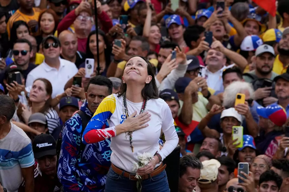 Venezuelan opposition leader Maria Corina Machado addresses supporters at a protest against President Nicolas Maduro in Caracas, Venezuela, the day before his inauguration for a third term, Jan. 9, 2025. (AP Photo/Ariana Cubillos, File)