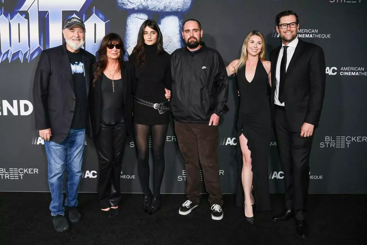 Rob Reiner, from left, Michele Singer Reiner, Romy Reiner, Nick Reiner, Maria Gilfillan, and Jake Reiner arrive at the premiere of "Spinal Tap II: The End Continues" on Tuesday, Sept. 9, 2025, at The Egyptian Theatre Hollywood in Los Angeles. (Photo by Richard Shotwell/Invision/AP)