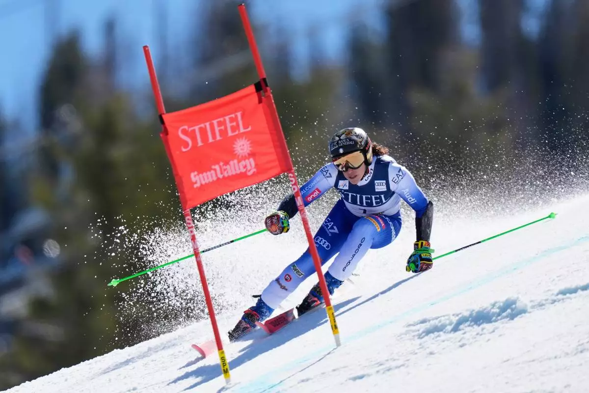 FILE - Italy's Federica Brignone skis during a women's giant slalom run at the World Cup Finals, Tuesday, March 25, 2025, in Sun Valley, Idaho. (AP Photo/Robert F. Bukaty, file)
