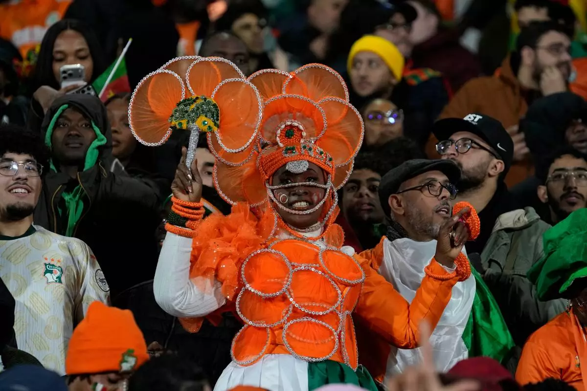 Ivory Coast fans during the Africa Cup of Nations group F soccer match between Ivory Coast and Cameroon, in Marrakech, Morocco, Sunday, Dec. 28, 2025. (AP Photo/Themba Hadebe)