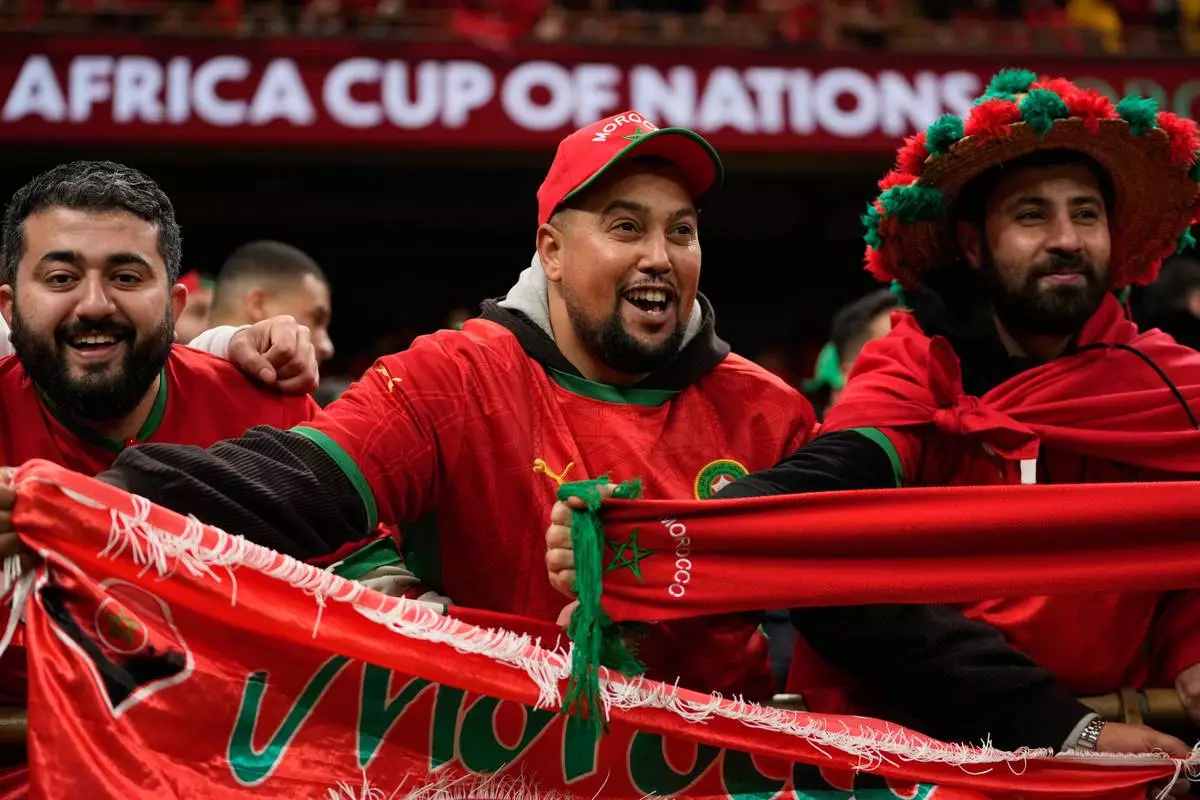 Morocco fans cheer during the Africa Cup of Nations semi-final match between Nigeria and Morocco in Rabat, Morocco, Wednesday, Jan. 14, 2026. (AP Photo/Mosa'ab Elshamy)