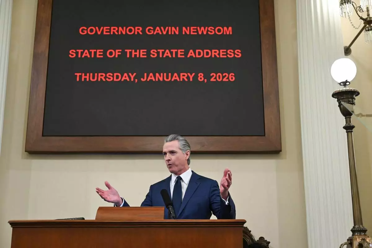 Gov. Gavin Newsom gives his State of the State address at the State Capitol on Thursday, Jan. 8, 2026, in Sacramento, Calif. (Hector Amezcua/The Sacramento Bee via AP, Pool)