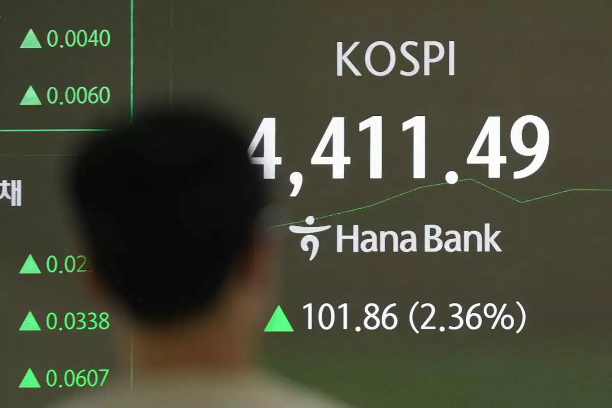 A dealer walks past near the screen showing the Korea Composite Stock Price Index (KOSPI) at a dealing room of Hana Bank in Seoul, South Korea, Monday, Jan. 5, 2026. (AP Photo/Lee Jin-man)
