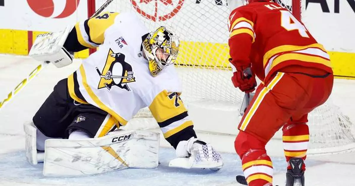 Stuart Skinner stops 18 shots and helps Penguins to a 4-1 win over the Flames