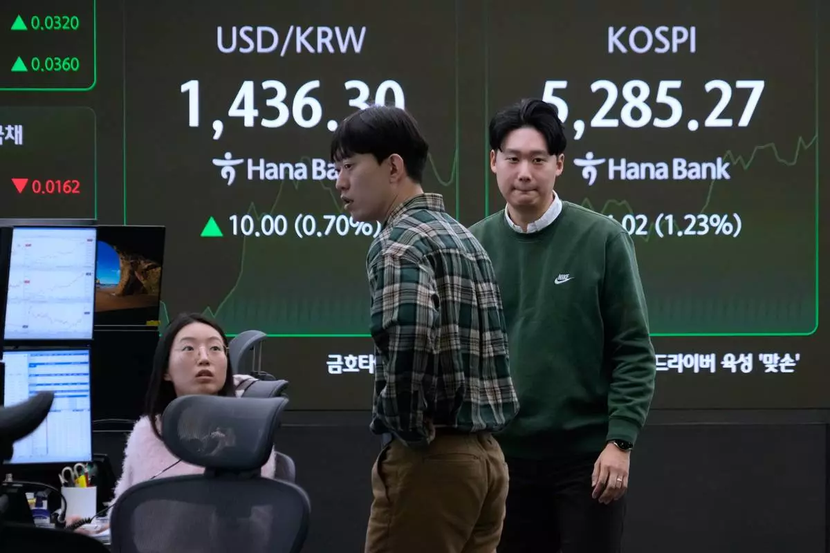 Currency traders work near a screen showing the Korea Composite Stock Price Index (KOSPI), right, and the foreign exchange rate between U.S. dollar and South Korean won at the foreign exchange dealing room of the Hana Bank headquarters in Seoul, South Korea, Friday, Jan. 30, 2026. (AP Photo/Ahn Young-joon)