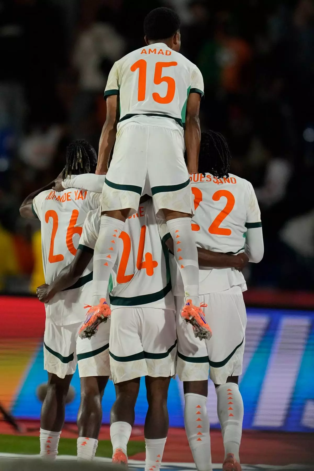 Ivory Coast players celebrate after scoring a goal during the Africa Cup of Nations group F soccer match between Gabon and Ivory Coast, in Marrakech, Morocco, Wednesday, Dec. 31, 2025. (AP Photo/Themba Hadebe)