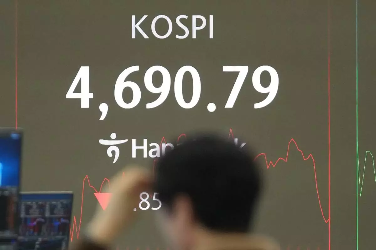 A dealer walks past near the screen showing the Korea Composite Stock Price Index (KOSPI) at a dealing room of Hana Bank in Seoul, South Korea, Wednesday, Jan. 14, 2026. (AP Photo/Lee Jin-man)