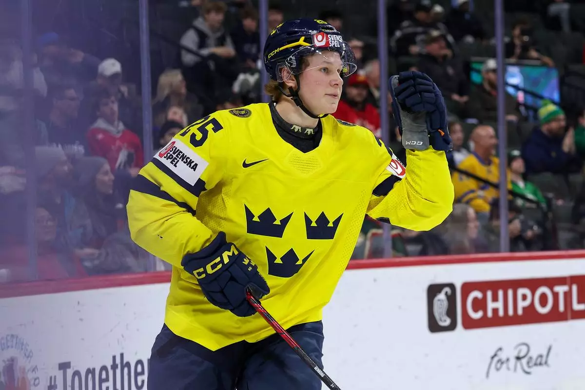 Sweden forward Eddie Genborg celebrates his goal against Finland during the second period of an IIHF World Junior Hockey Championship semifinals game, Sunday, Jan. 4, 2026, in St. Paul, Minn. (AP Photo/Matt Krohn)