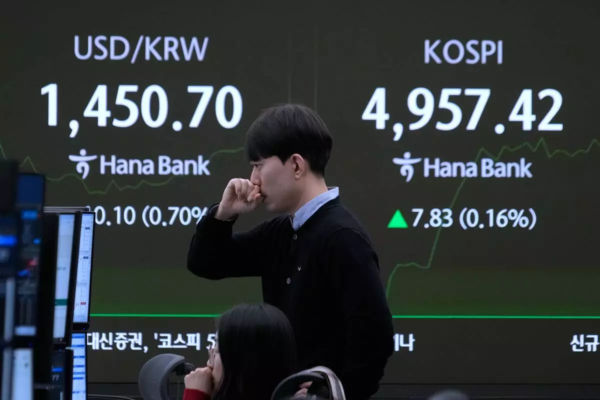 Currency traders watch monitors near a screen showing the Korea Composite Stock Price Index (KOSPI) and the foreign exchange rate between U.S. dollar and South Korean won, left, at the foreign exchange dealing room of the Hana Bank headquarters in Seoul, South Korea, Tuesday, Jan. 27, 2026. (AP Photo/Ahn Young-joon)
