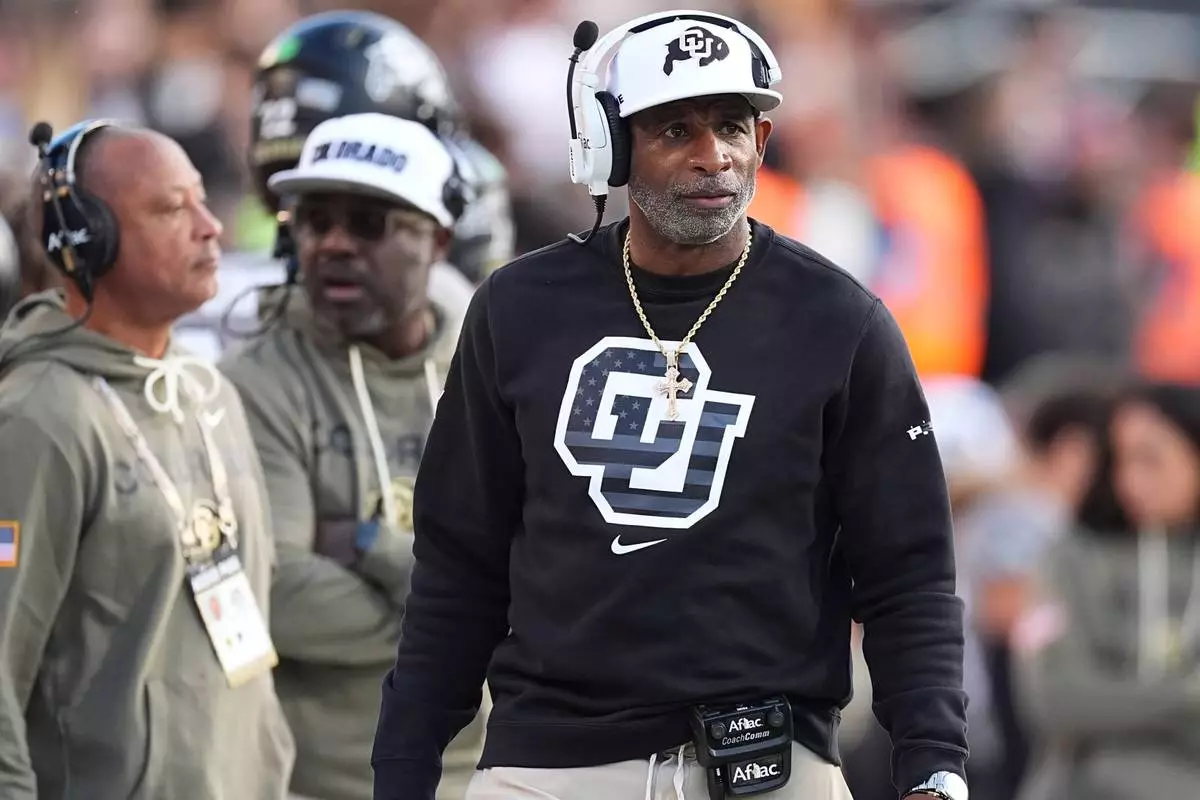 FILE - Colorado head coach Deion Sanders stands on the sidelines during the first half of an NCAA college football game Nov. 1, 2025, in Boulder, Colo. (AP Photo/David Zalubowski, File)