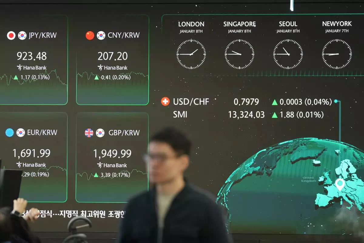 A dealer walks past near the screens showing the foreign exchange rates at a dealing room of Hana Bank in Seoul, South Korea, Thursday, Jan. 8, 2026. (AP Photo/Lee Jin-man)