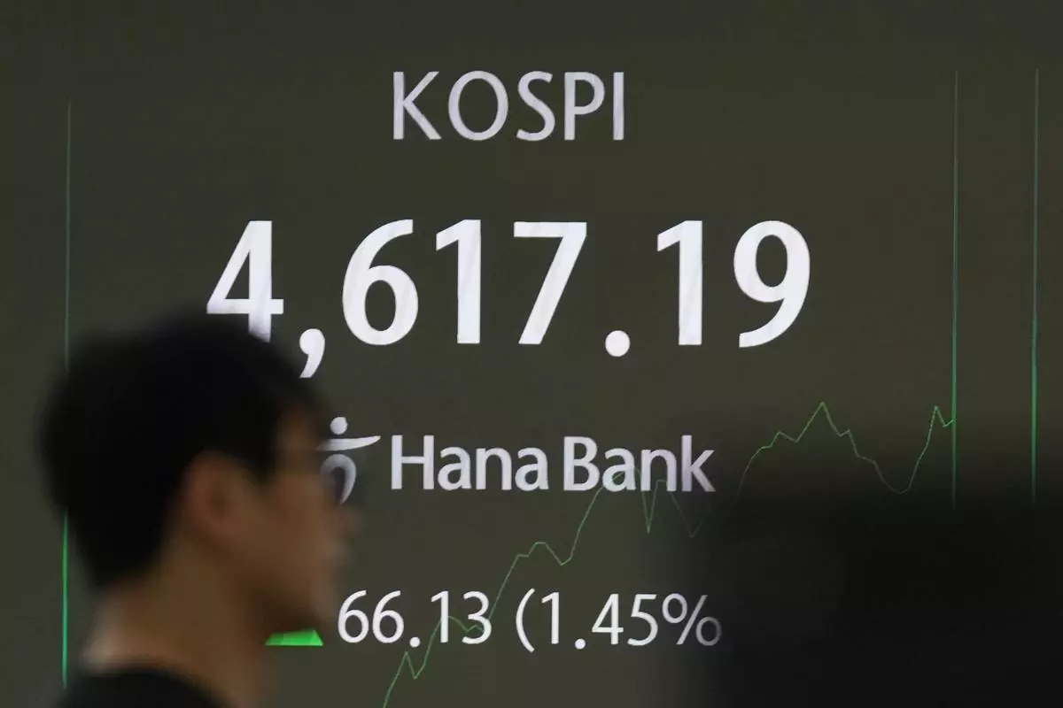 A dealer walks past near a screen showing the Korea Composite Stock Price Index (KOSPI) at a dealing room of Hana Bank in Seoul, South Korea, Thursday, Jan. 8, 2026. (AP Photo/Lee Jin-man)