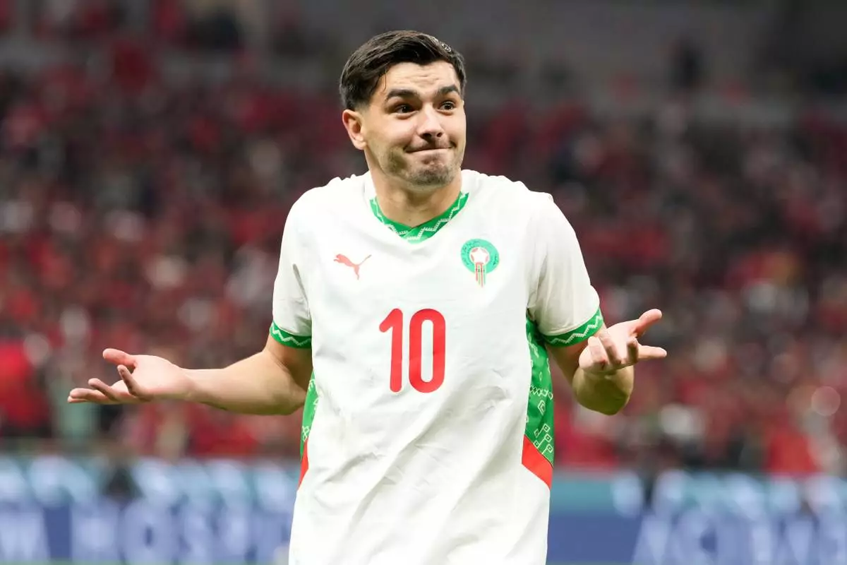 Morocco's Brahim Abdelkader Díaz celebrates after scoring his side's opening goal during the Africa Cup of Nations quarterfinal soccer match between Cameroon and Morocco, in Rabat, Morocco, Friday, Jan. 9, 2026. (AP Photo/Mosa'ab Elshamy)