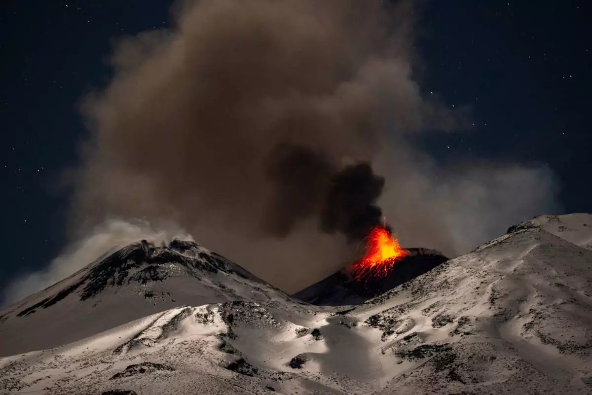 FILE - Explosive activity concentrates at the north-east crater of Mount Etna in Sicily, Italy, Dec. 29, 2025. (AP Photo/Salvatore Allegra, File)