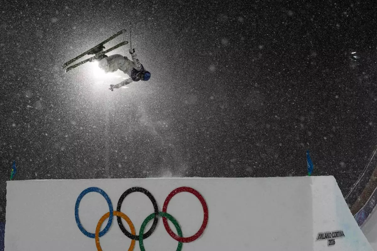 China's Eileen Gu practices before the women's freestyle skiing big air finals at the 2026 Winter Olympics, in Livigno, Italy, Monday, Feb. 16, 2026. (AP Photo/Abbie Parr)