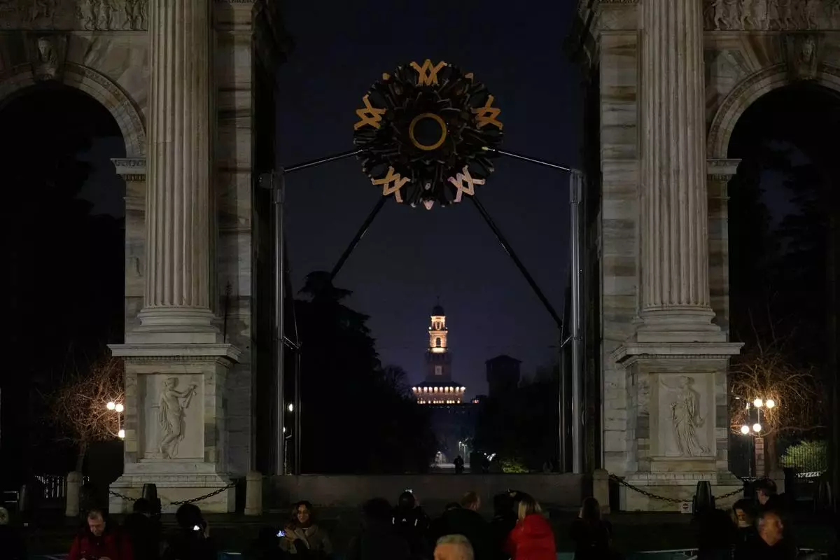 A view of the cauldron after it was extinguished at the Arco della Pace at the 2026 Winter Olympics in Milan, Italy, Sunday, Feb. 22, 2026. (AP Photo/Luca Bruno)