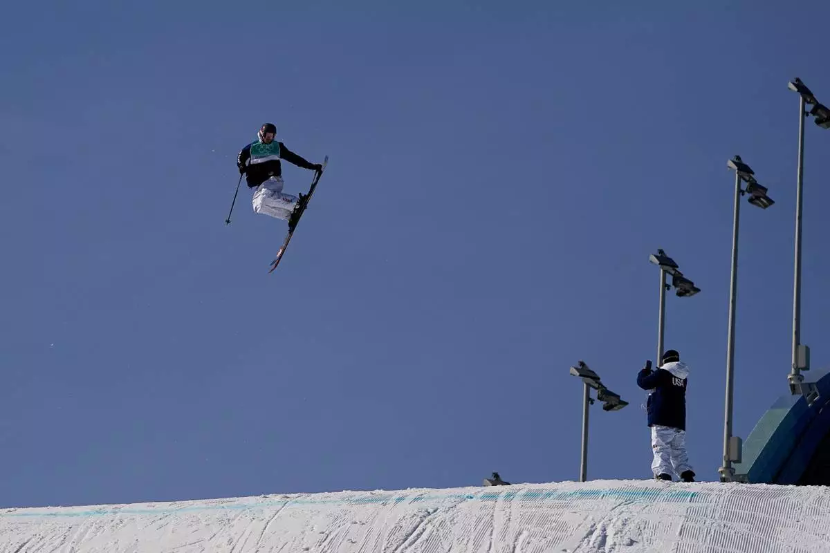 FILE - United States' Colby Stevenson trains for the men's freestyle skiing big air competition at the 2022 Winter Olympics, Sunday, Feb. 6, 2022, in Beijing. (AP Photo/Jae C. Hong, File)