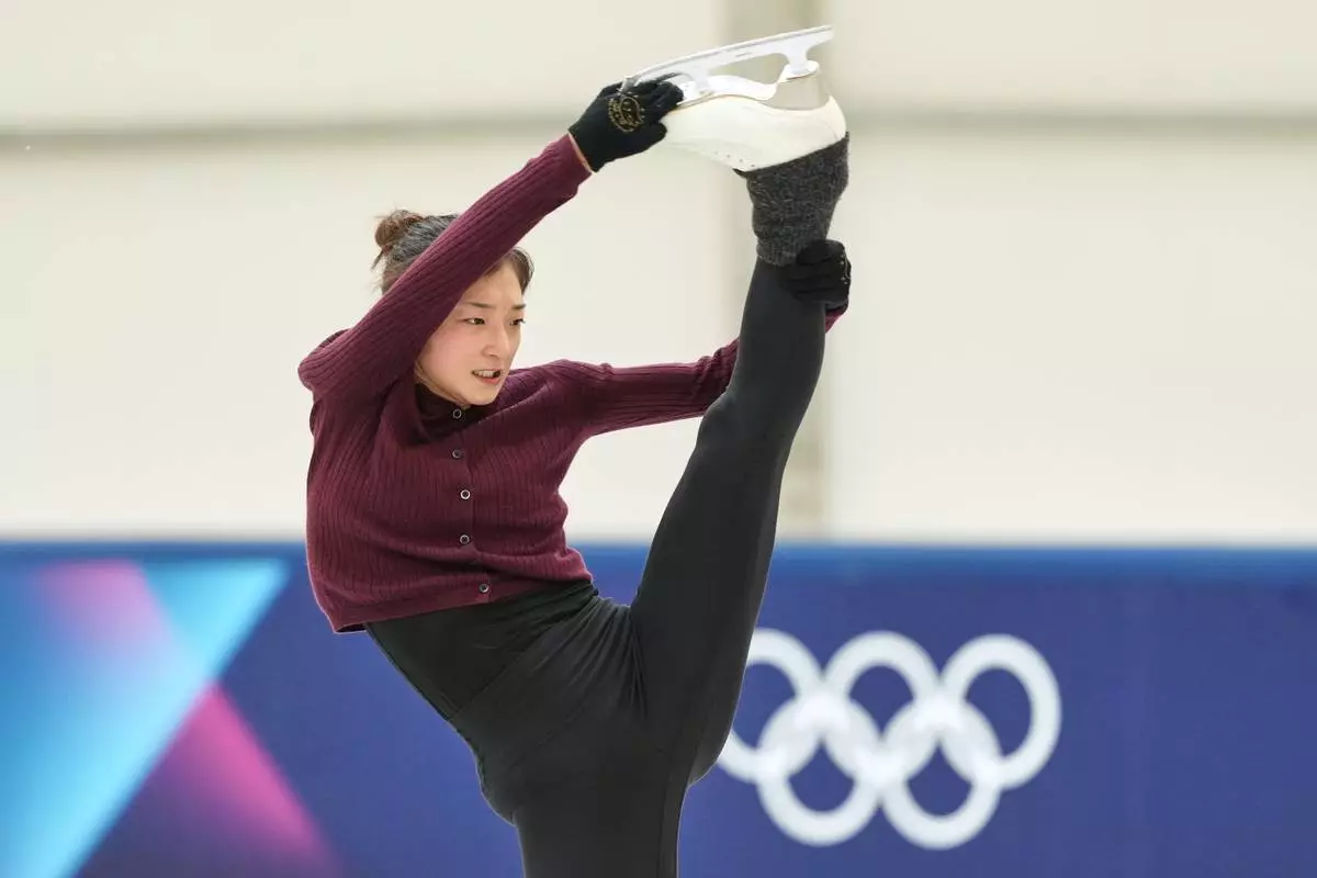 Kaori Sakamoto, of Japan, performs during a figure skating training session at the 2026 Winter Olympics, in Milan, Italy, Thursday, Feb. 5, 2026. (AP Photo/Francisco Seco)