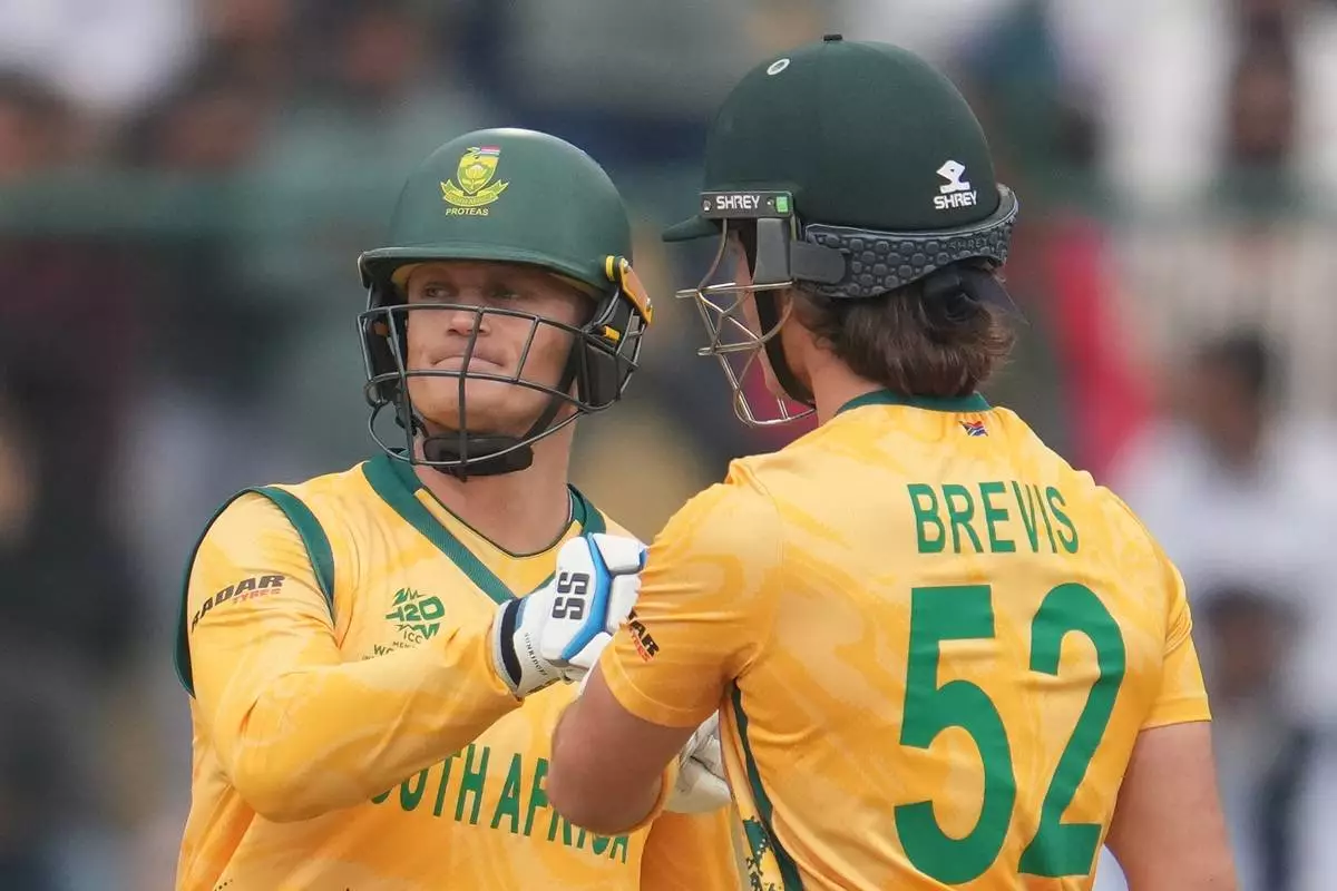 South Africa's Ryan Rickelton and South Africa's Dewald Brevis celebrate during the T20 World Cup cricket match between South Africa and United Arab Emirates in New Delhi, India, Wednesday, Feb. 18, 2026. (AP Photo/Manish Swarup)