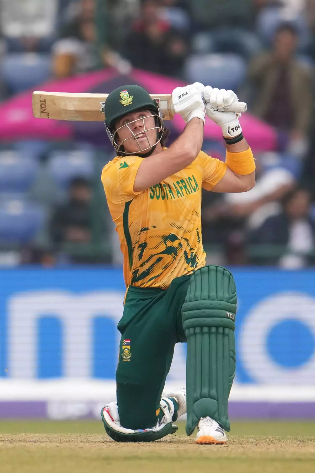 South Africa's Dewald Brevis hits a six during the T20 World Cup cricket match between South Africa and United Arab Emirates in New Delhi, India, Wednesday, Feb. 18, 2026. (AP Photo/Manish Swarup)