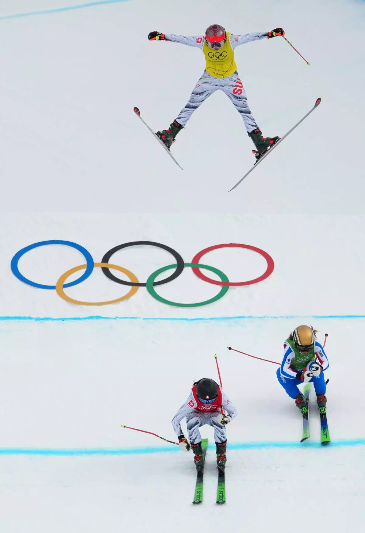 Clock wise from top, Switzerland's Sixtine Cousin (13), France's Jade Grillet Aubert (6) and Switzerland's Talina Gantenbein (5) compete during the women's ski cross finals at the 2026 Winter Olympics, in Livigno, Italy, Friday, Feb. 20, 2026. (AP Photo/Julia Demaree Nikhinson)