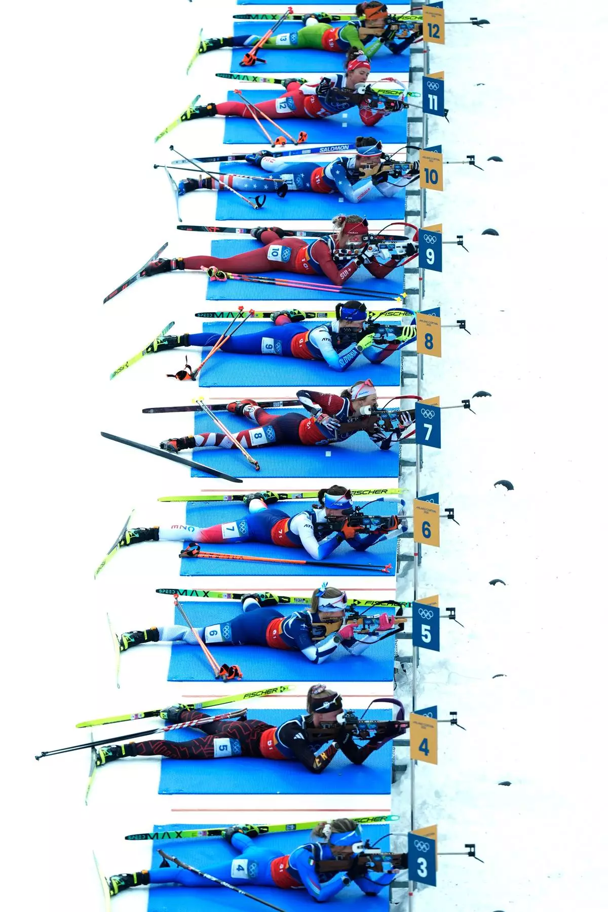 Athletes compete in the women's 4x6-kilometer relay biathlon race at the 2026 Winter Olympics in Anterselva, Italy, Wednesday, Feb. 18, 2026. (AP Photo/Andrew Medichini)