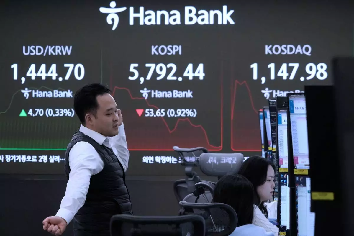 A currency trader stretches near a screen showing the Korea Composite Stock Price Index (KOSPI), center, and the foreign exchange rate between U.S. dollar and South Korean won, left, at the foreign exchange dealing room of the Hana Bank headquarters in Seoul, South Korea, Tuesday, Feb. 24, 2026. (AP Photo/Ahn Young-joon)