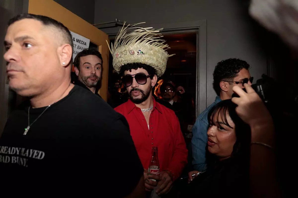 Winner of the Bad Bunny look-alike contest, Abdul Arroyave, at Tacolicious in San Francisco, on Feb. 5, 2026. (Giselle Garza Lerma/San Francisco Chronicle via AP)