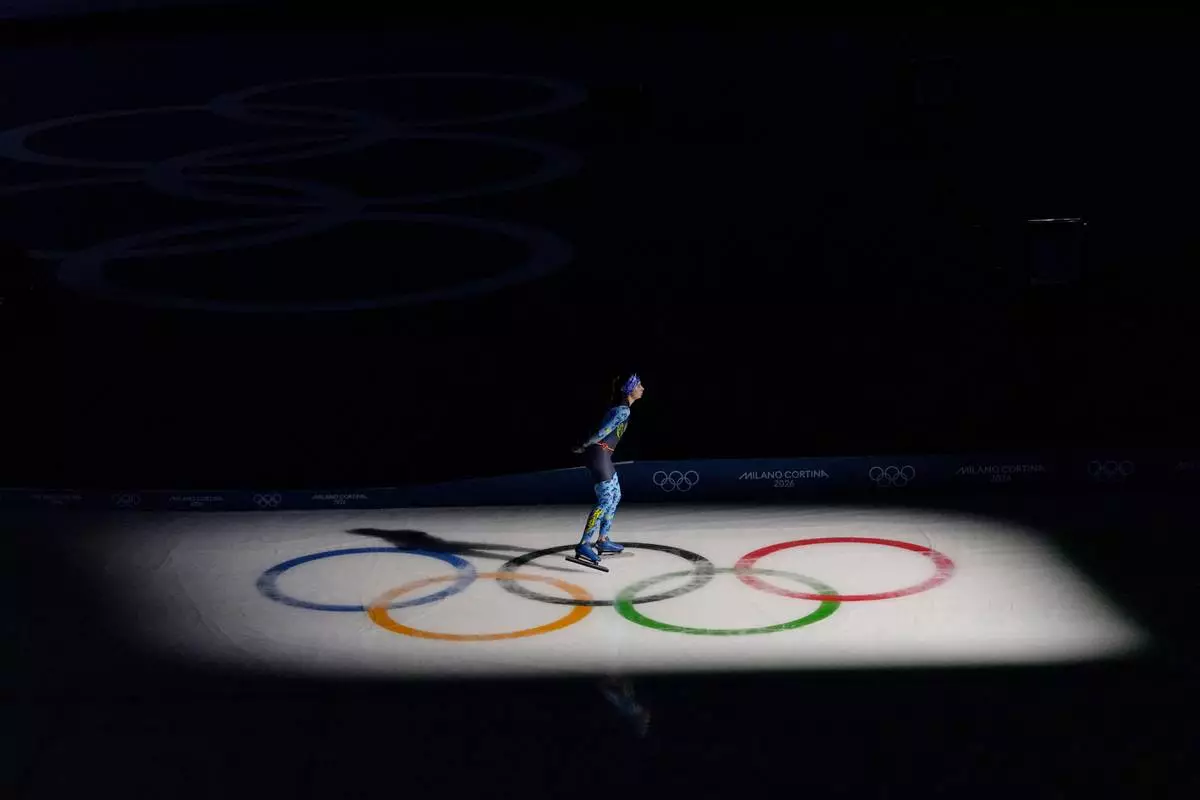 Nadezhda Morozova of Kazakhstan warms up prior to competing in the women's 5,000 meters speedskating race at the 2026 Winter Olympics, in Milan, Italy, Feb. 12, 2026. (AP Photo/Ben Curtis, File)