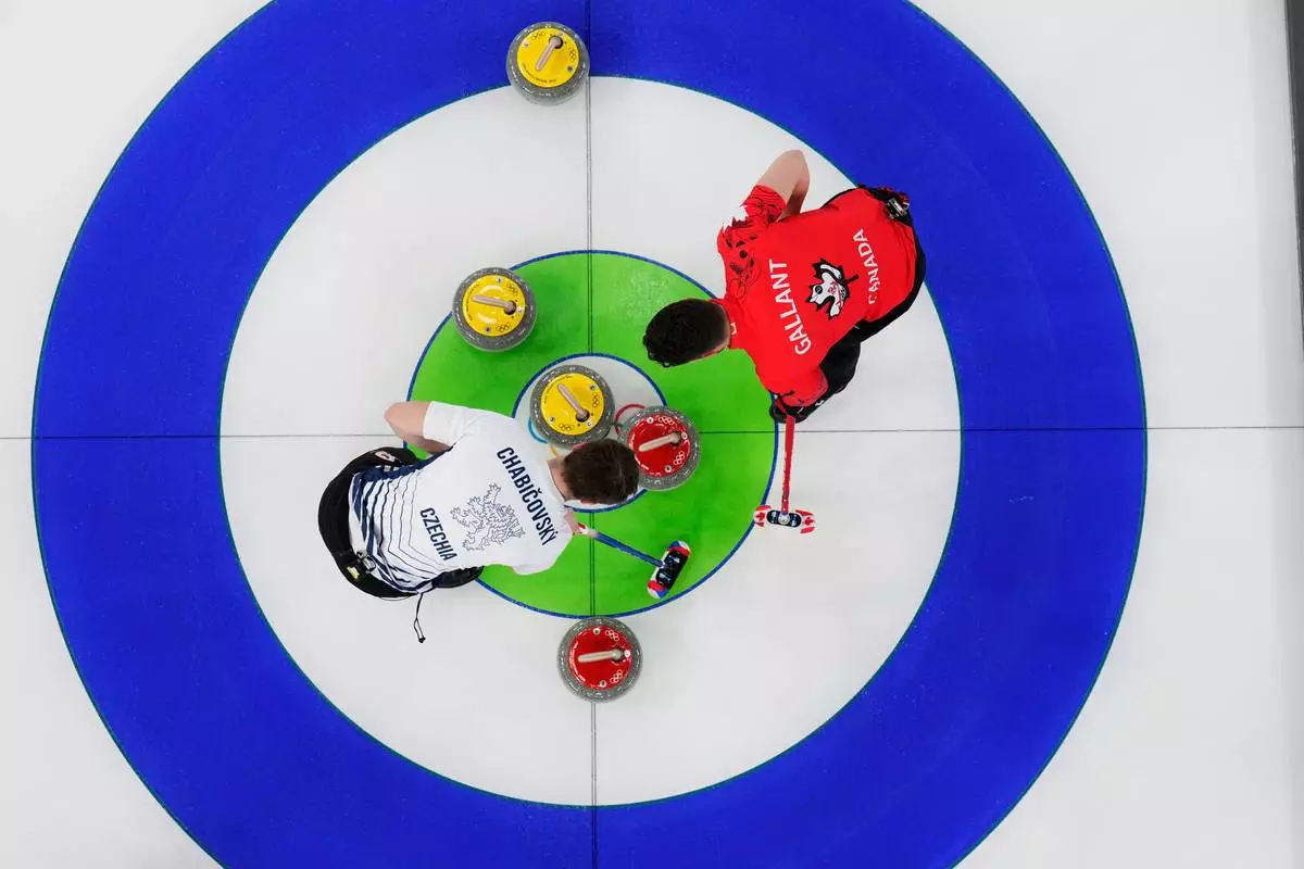 Canada's Brett Gallant, right, and Czech Republic's Vit Chabicovsky compete during a curling mixed doubles session at the 2026 Winter Olympics in Cortina d'Ampezzo, Italy, Wednesday, Feb. 4, 2026. (AP Photo/David J. Phillip)
