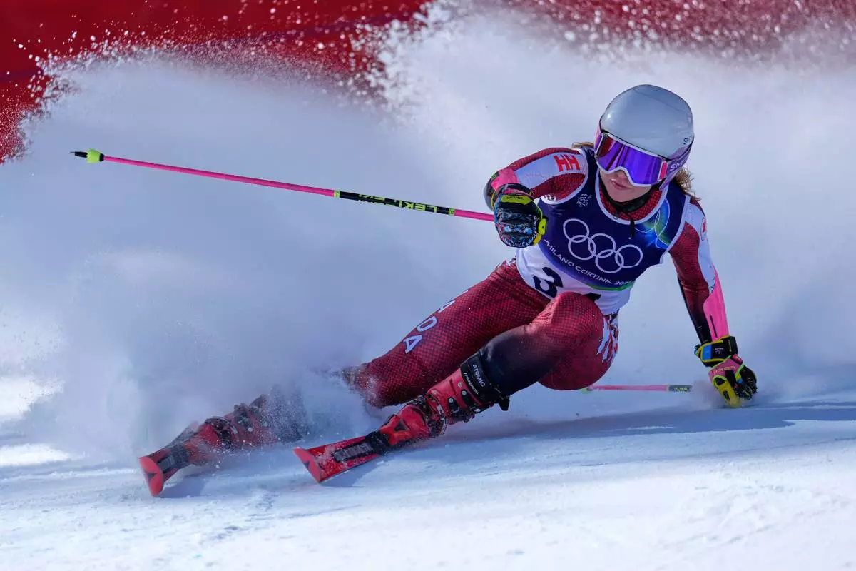 Canada's Cassidy Gray loses control before crashing during an alpine ski women's giant slalom race at the 2026 Winter Olympics in Cortina d'Ampezzo, Italy, Sunday, Feb. 15, 2026. (AP Photo/Robert F. Bukaty)