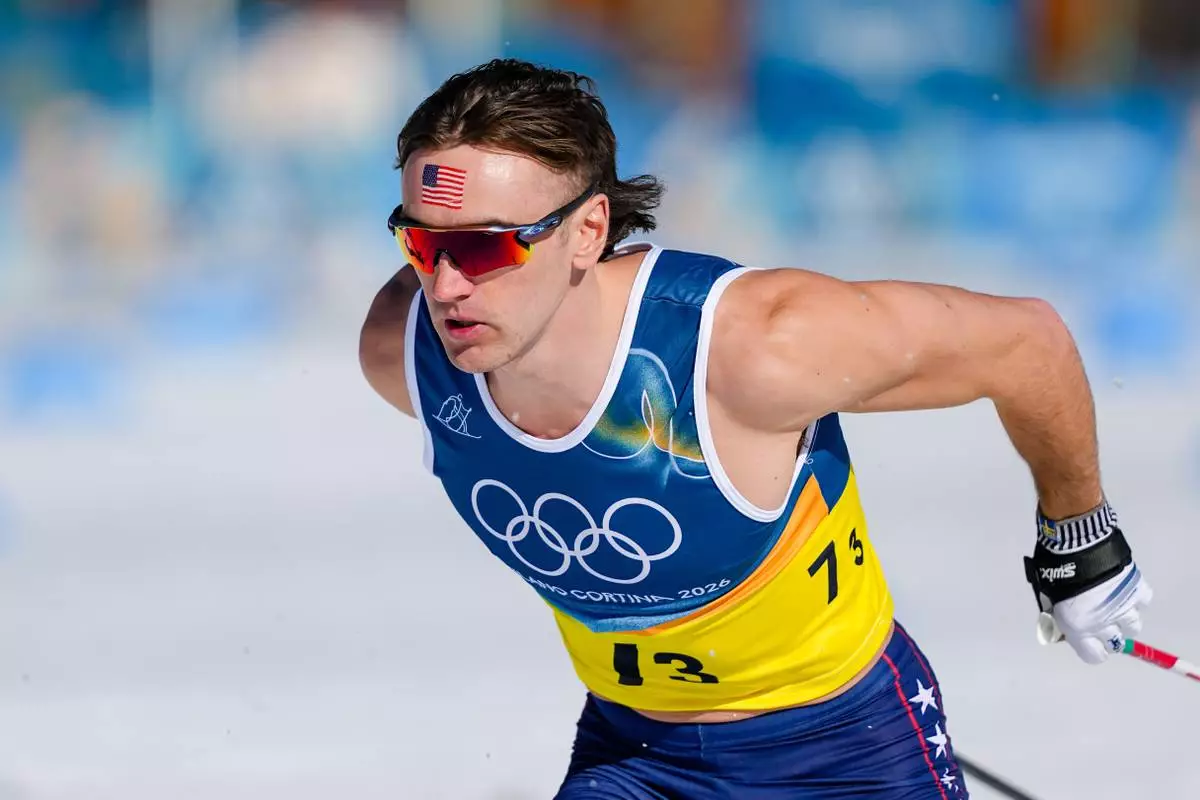 John Steel Hagenbuch, of the United States, competes in the cross country skiing men's 4 x 7.5km relay at the 2026 Winter Olympics, in Tesero, Italy, Sunday, Feb. 15, 2026. (AP Photo/Matthias Schrader)
