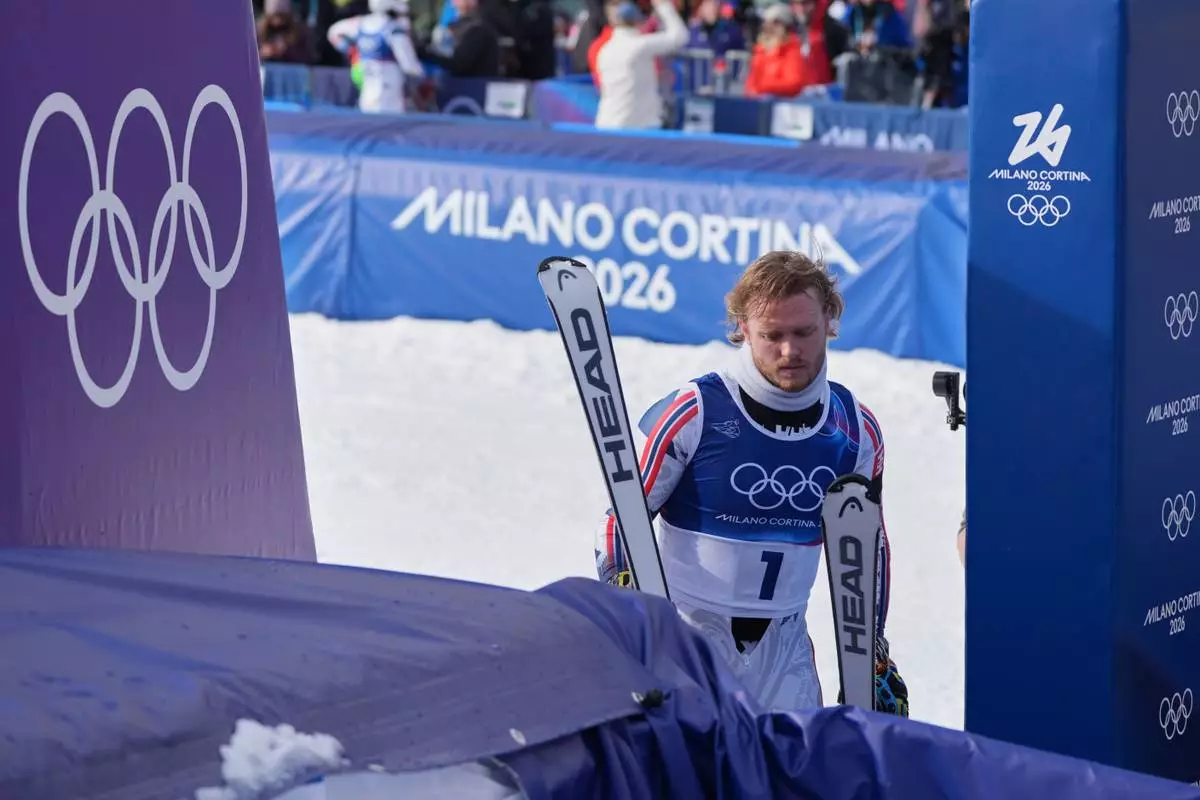 Norway's Atle Lie McGrath arrives at the finish area of an alpine ski, men's slalom race, at the 2026 Winter Olympics, in Bormio, Italy, Monday, Feb. 16, 2026. (AP Photo/Rebecca Blackwell)