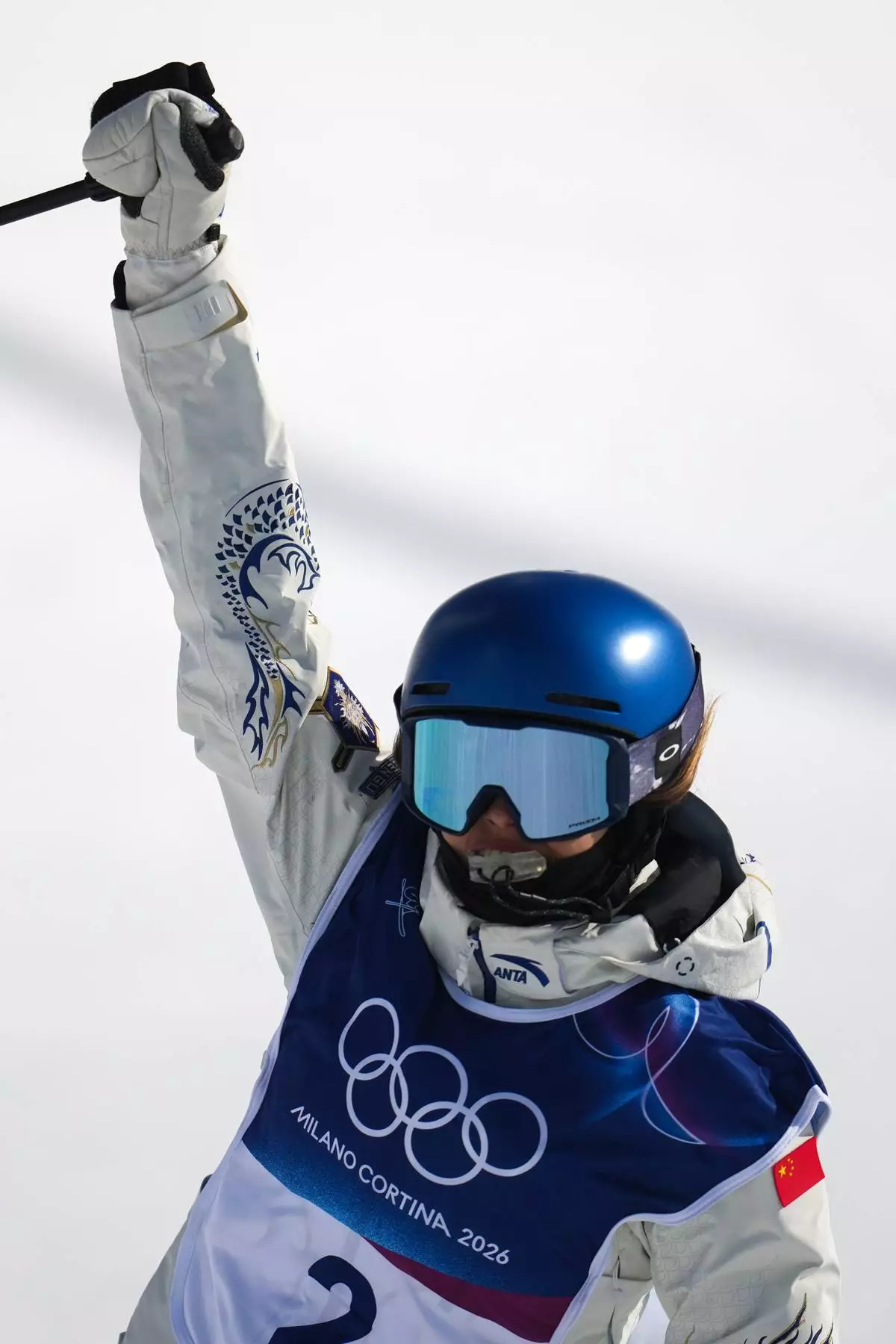 China's Eileen Gu celebrates during the women's freestyle skiing halfpipe final at the 2026 Winter Olympics, in Livigno, Italy, Sunday, Feb. 22, 2026. (AP Photo/Abbie Parr)