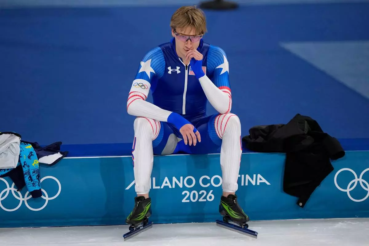 Jordan Stolz of the U.S. concentrates prior to competing in the men's 500 meters speedskating race at the 2026 Winter Olympics, in Milan, Italy, Saturday, Feb. 14, 2026. (AP Photo/Ben Curtis)