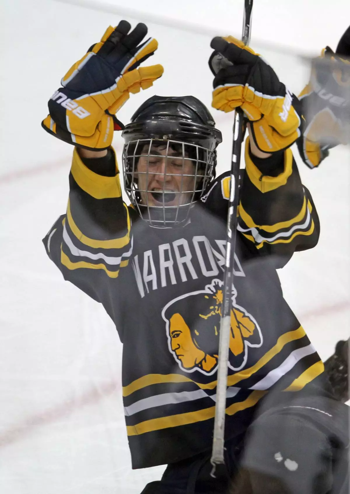 FILE - Warroad's Brock Nelson celebrated his first-period goal against Breck during the semifinals of the Class A State boys hockey tournament on Friday, March 12, 2010, in St. Paul, Minn. (Bruce Bisping/Star Tribune via AP, File)