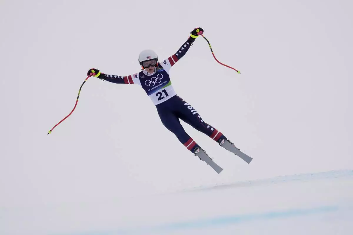 United States' Mary Bocock competes during an alpine ski, women's super-G race, at the 2026 Winter Olympics, in Cortina d'Ampezzo, Italy, Thursday, Feb. 12, 2026. (AP Photo/Robert F. Bukaty)