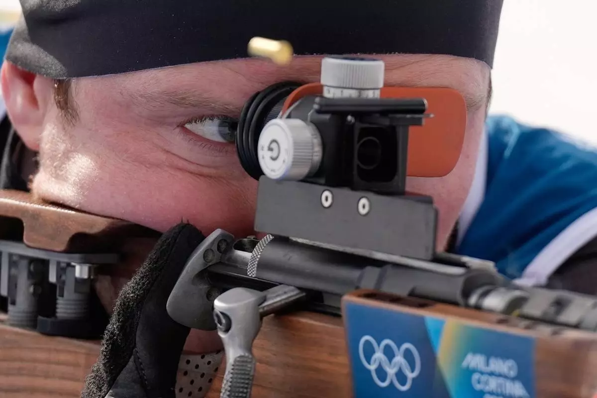 Lucas Fratzscher, of Germany, participates in a biathlon training session at the 2026 Winter Olympics in Anterselva, Italy, Thursday, Feb. 12, 2026. (AP Photo/Andrew Medichini)
