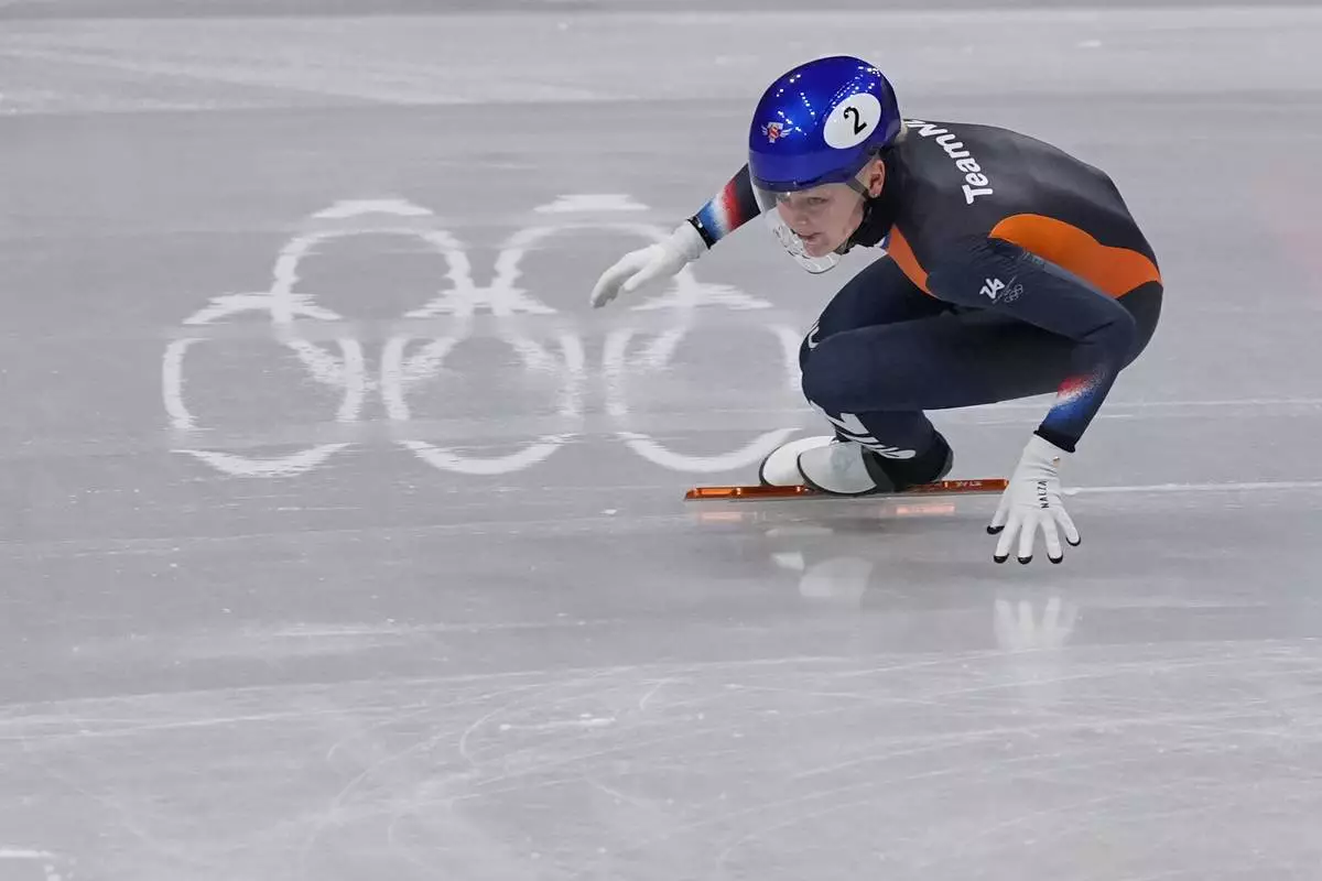 Xandra Velzeboer of the Netherlands competes during the short track speed skating women's 500m at the 2026 Winter Olympics, in Milan, Italy, Thursday, Feb. 12, 2026. (AP Photo/Stephanie Scarbrough)