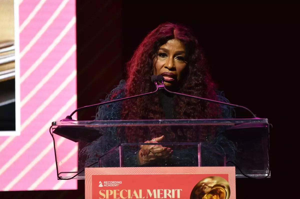 Chaka Khan accepts the lifetime achievement award during the Recording Academy's Special Merit Awards on Saturday, Jan. 31, 2026, at the Wilshire Ebell Theatre in Los Angeles. (Photo by Richard Shotwell/Invision/AP)