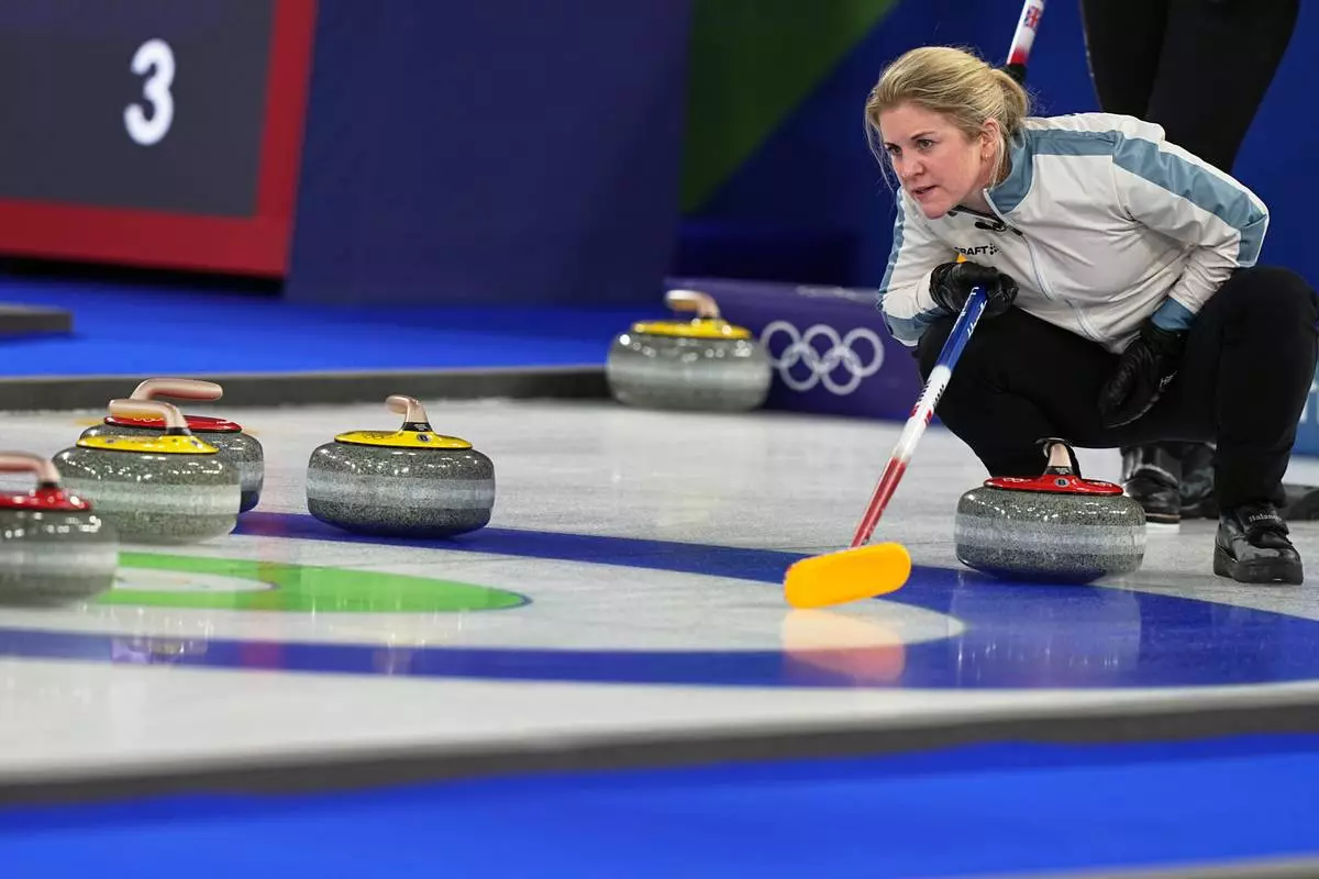 Norway's Kristin Skaslien in action, during the mixed doubles round robin phase of the curling competition against Britain, at the 2026 Winter Olympics, in Cortina d'Ampezzo, Italy, Wednesday, Feb. 4, 2026. (AP Photo/Fatima Shbair)