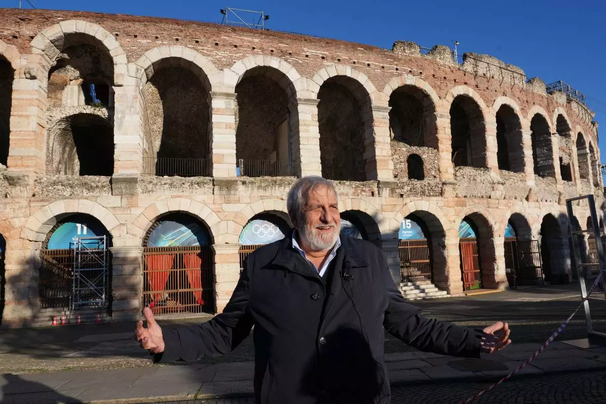 Creative Director Alfredo Accatino speaks, during an interview with The Associated Press outside the Arena ahead of the closing ceremony at the 2026 Winter Olympics, in Verona, Italy, Tuesday, Feb. 17, 2026. (AP Photo/Antonio Calanni)