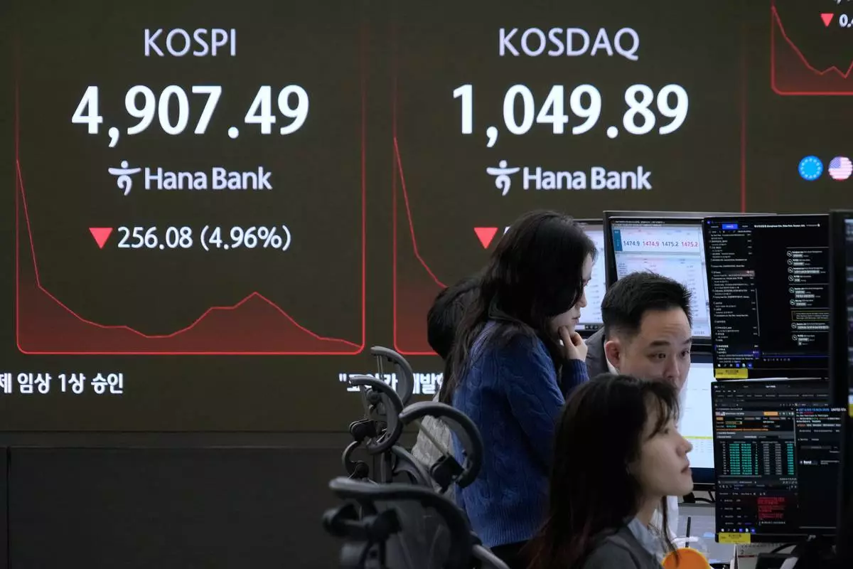 Currency traders watch monitors near a screen showing the Korea Composite Stock Price Index (KOSPI), left, at the foreign exchange dealing room of the Hana Bank headquarters in Seoul, South Korea, Friday, Feb. 6, 2026. (AP Photo/Ahn Young-joon)