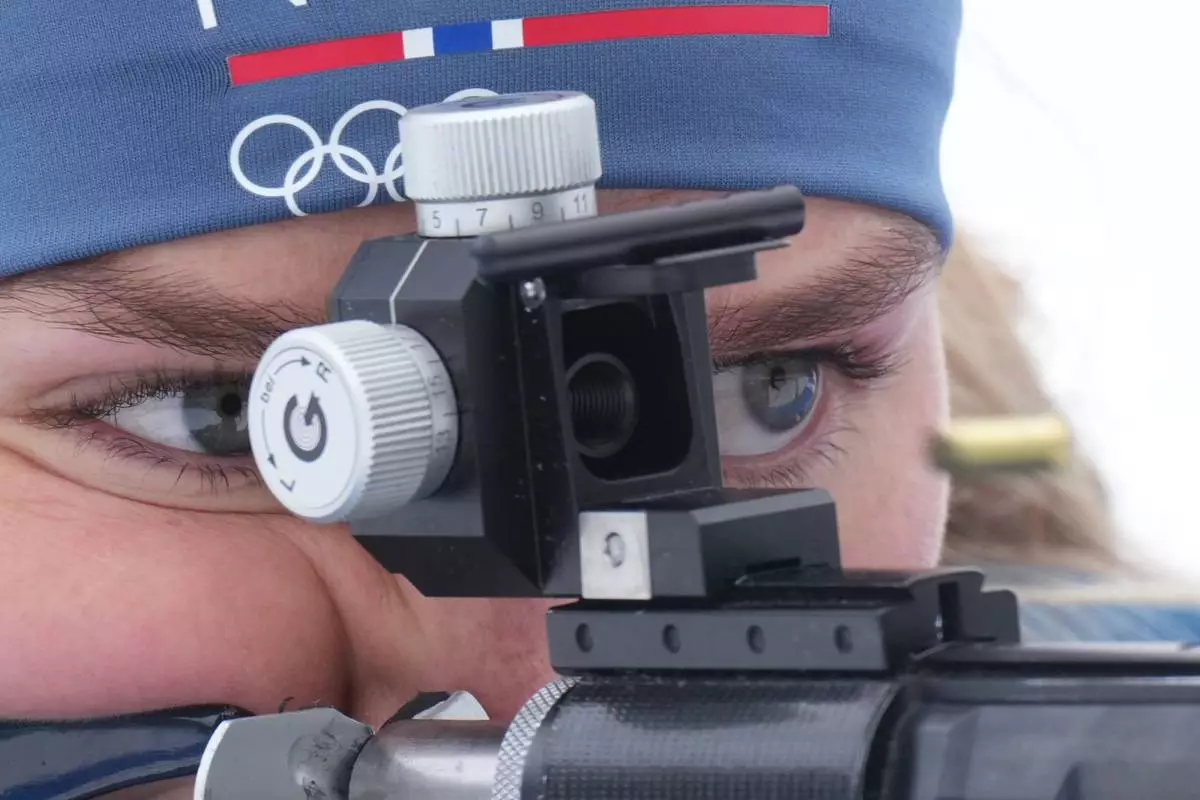 Norway's Juni Arnekleiv participates in a biathlon training session at the 2026 Winter Olympics in Anterselva, Italy, Monday, Feb. 16, 2026. (AP Photo/Andrew Medichini)