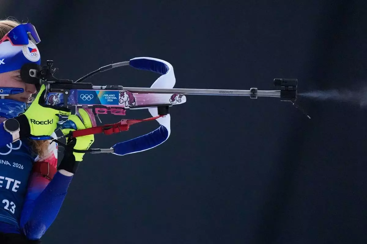 Marketa Davidova, of Czechia, participates in a biathlon training session at the 2026 Winter Olympics in Anterselva, Italy, Monday, Feb. 16, 2026. (AP Photo/Andrew Medichini)