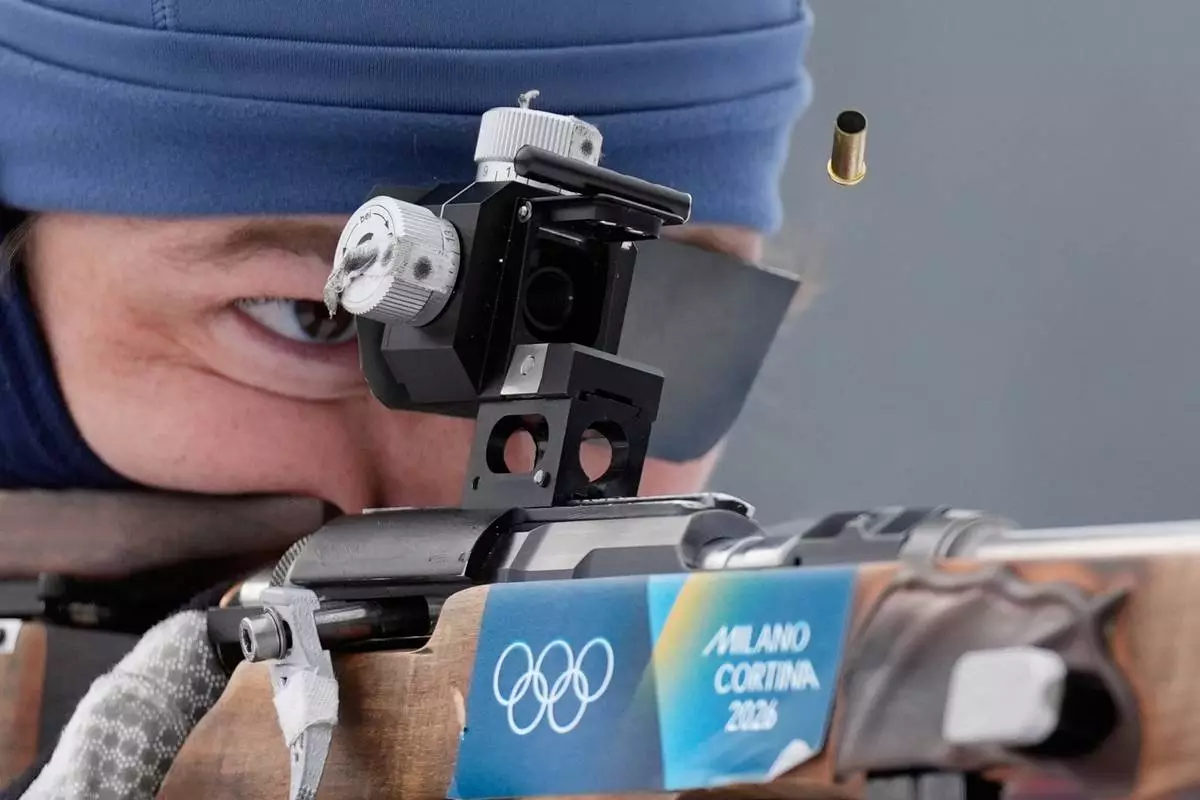 Sturla Holm Laegreid, of Norway, participates in a biathlon training session at the 2026 Winter Olympics in Anterselva, Italy, Monday, Feb. 16, 2026. (AP Photo/Mosa'ab Elshamy)