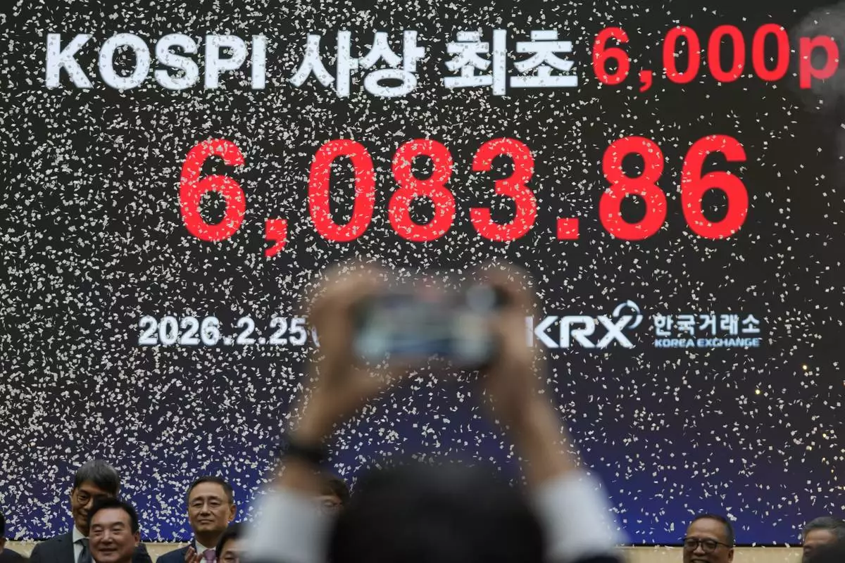 A screen shows the Korea Composite Stock Price Index (KOSPI) of over 6,000 points during a ceremony at the Korea Exchange in Seoul, South Korea, Wednesday, Feb. 25, 2026. (AP Photo/Lee Jin-man)